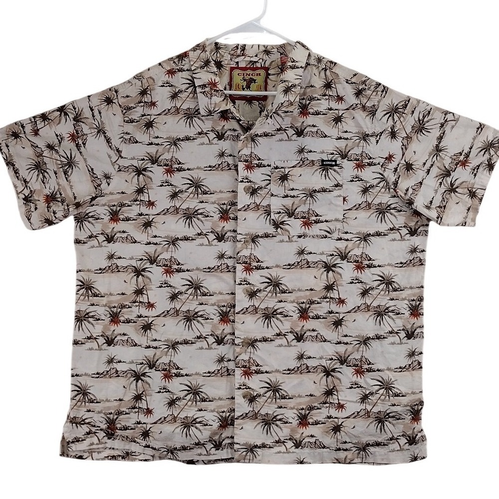Cinch Classic Cowboy Collection Tropical Shirt Mens XL Cream Palm Tree Western